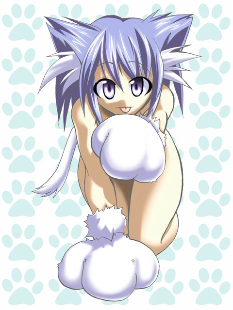 animal ears, blue hair, cat ears, gloves, no panties, nude, purple eyes, short hair, tongue