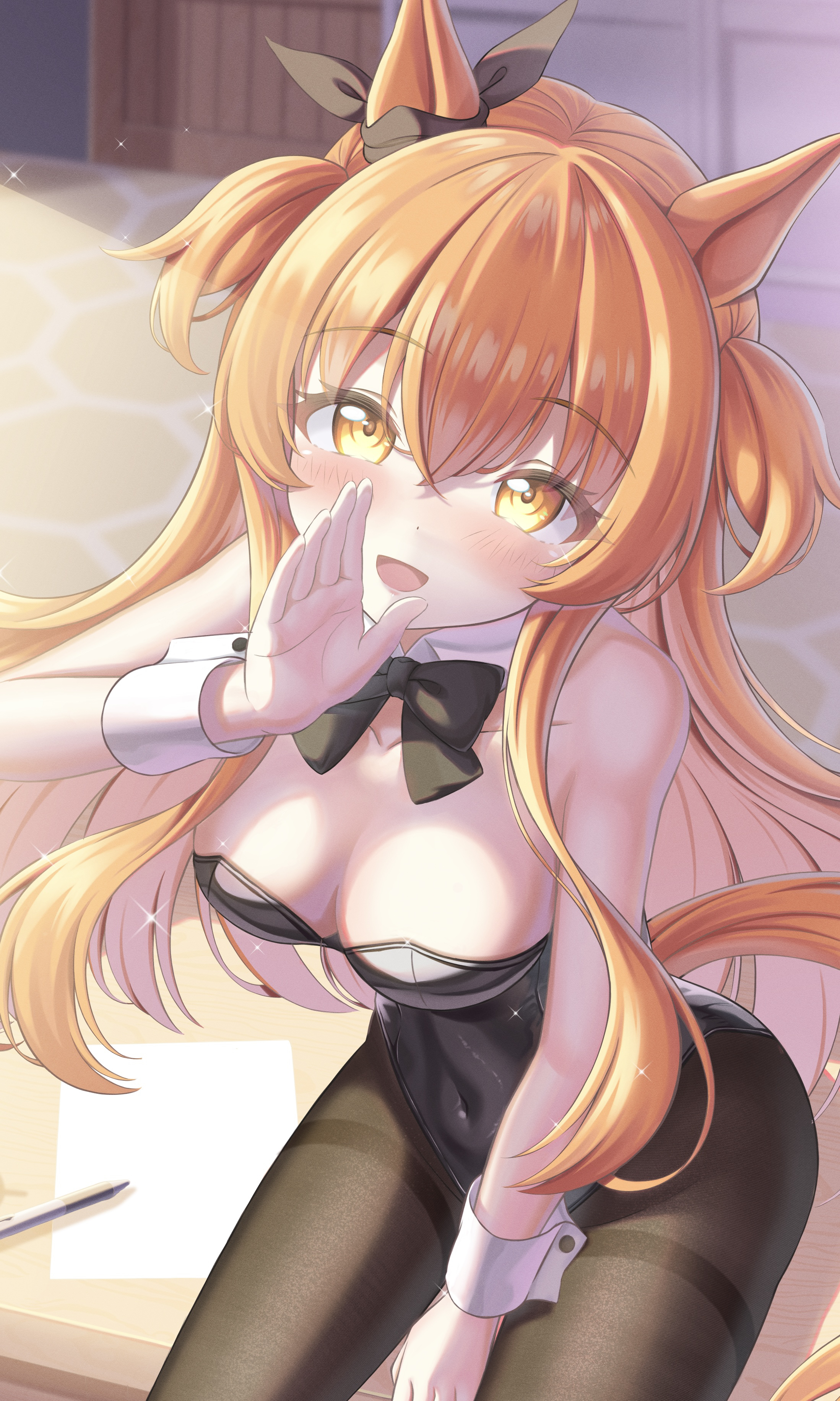 color pro, mayano top gun (umamusume), umamusume, absurdres, commentary request, highres, partial commentary, 1girl, :d, animal ears, black bow, black leotard, black thighhighs, blush, bow, bowtie, breasts, collarbone, covered navel, covering own mouth, cowboy shot, detached collar, door, ear ribbon, floor, hand over own mouth, horse ears, horse girl, horse tail, indoors, large breasts, leotard, long hair, looking at viewer, open mouth, orange eyes, orange hair, orange tail, pantyhose, paper, pen, playboy bunny, sitting, smile, solo, sparkle, strapless, strapless leotard, sunlight, table, tail, thighhighs, two side up, white wrist cuffs, wooden door, wooden table, wrist cuffs