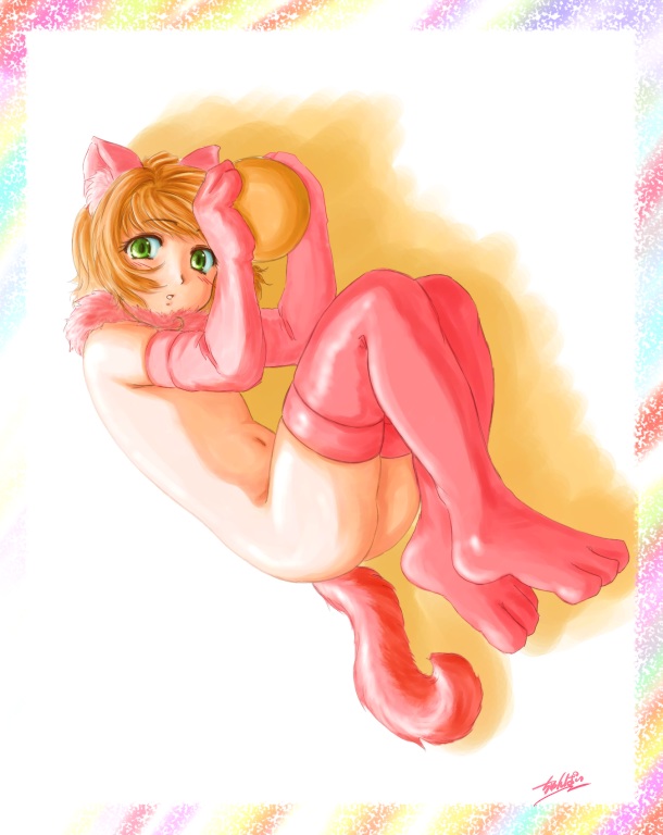 animal ears, ball, brown hair, cat ears, cat tail, flat chest, gloves, green eyes, loli, nude, short hair, tail, thighhighs