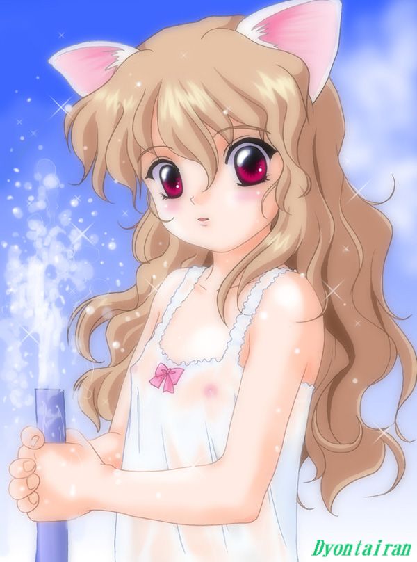 animal ears, blush, bow, breasts, brown hair, cat ears, dress, flat chest, loli, long hair, red eyes, see-through clothes, short hair, wet