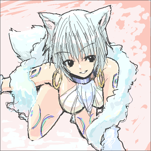 hack, ouka (.hack//), .hack//, .hack//tasogare no udewa densetsu, bandai, cyber connect 2, lowres, 00s, 1girl, animal ears, black eyes, breasts, collar, earrings, female focus, grey hair, halterneck, jewelry, large breasts, short hair, smile, solo, tattoo, wolf ears