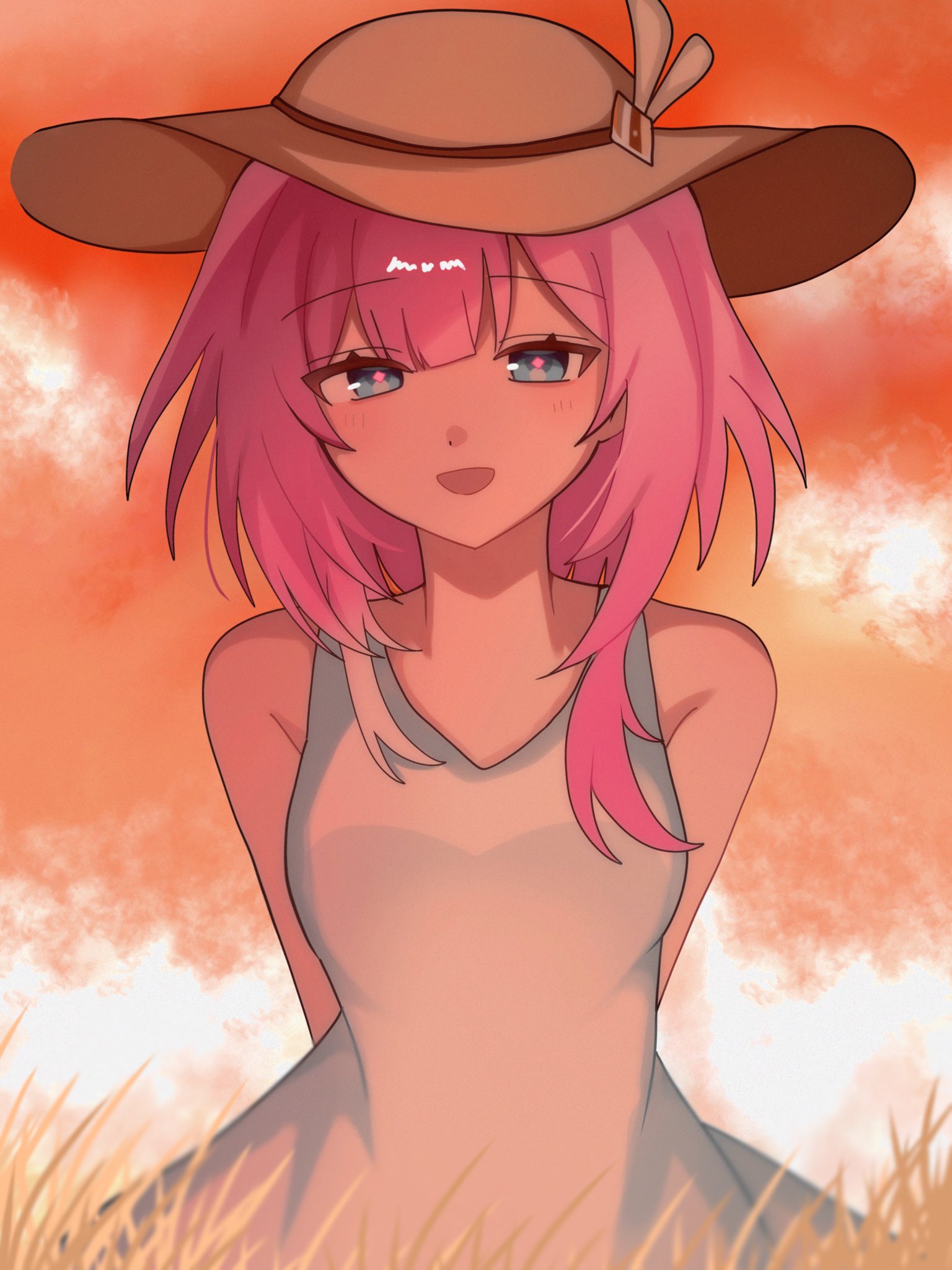 cyrene (honkai: star rail), honkai: star rail, honkai (series), hashtag-only commentary, highres, 1girl, arms behind back, bare shoulders, blue eyes, deyodeyo866, dress, hat, looking at viewer, multicolored hair, open mouth, orange sky, outdoors, pink hair, sky, solo, sun hat, two-tone hair, wheat, wheat field, white dress, white hair