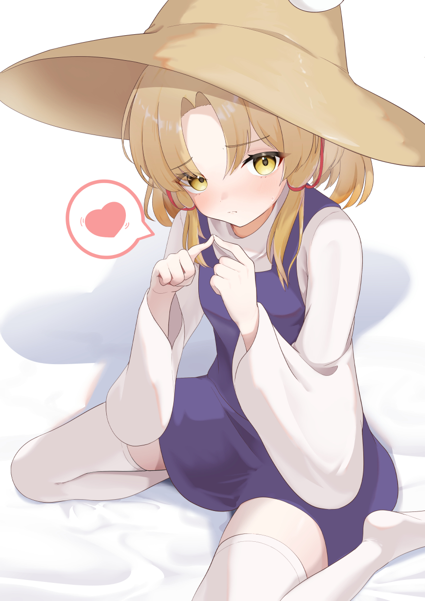 yuwano (yuwanoonsen), moriya suwako, pyonta, touhou, highres, 1girl, blonde hair, blush, closed mouth, dress, embarrassed, hand up, hat, heart, index fingers together, long sleeves, looking at viewer, medium hair, purple dress, shirt, sidelocks, sitting, solo, spoken heart, thighhighs, thighs, wariza, white background, white shirt, white thighhighs, yellow eyes, zettai ryouiki