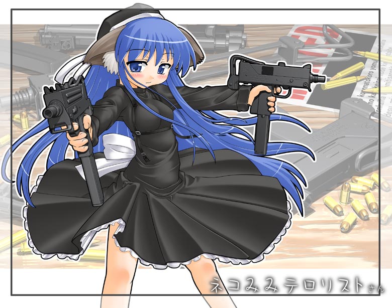 hase yu, jpeg artifacts, 1girl, animal ears, blue eyes, blue hair, blush, bow, breasts, cat ears, cat girl, clothes lift, dress, dual wielding, female focus, gun, hat, holding, long hair, mac-10/11, matching hair/eyes, ribbon, skirt, skirt lift, solo, submachine gun, very long hair, weapon