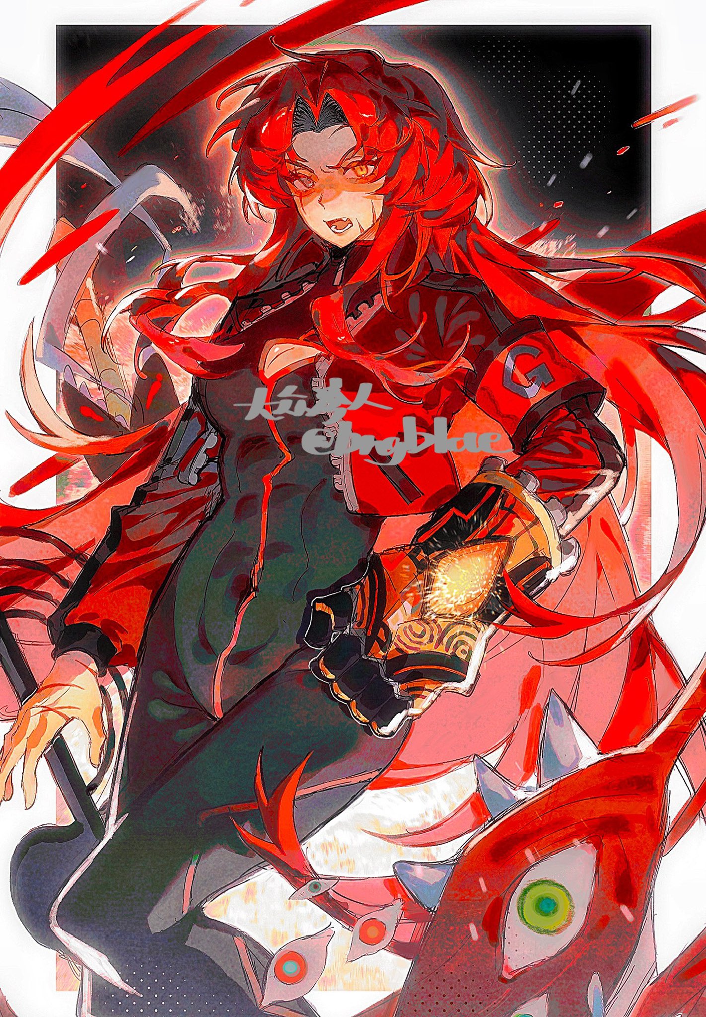 bngb love, gebura (project moon), lobotomy corporation, project moon, highres, 1girl, black background, black bodysuit, bodysuit, border, da capo (e.g.o), e.g.o (project moon), gold rush (e.g.o), grey eyes, heterochromia, jacket, living weapon, long hair, long sleeves, looking at viewer, mimicry (e.g.o), parted bangs, red hair, red jacket, scar, scar across eye, scar on face, simple background, solo, standing, upper body, white border, yellow eyes
