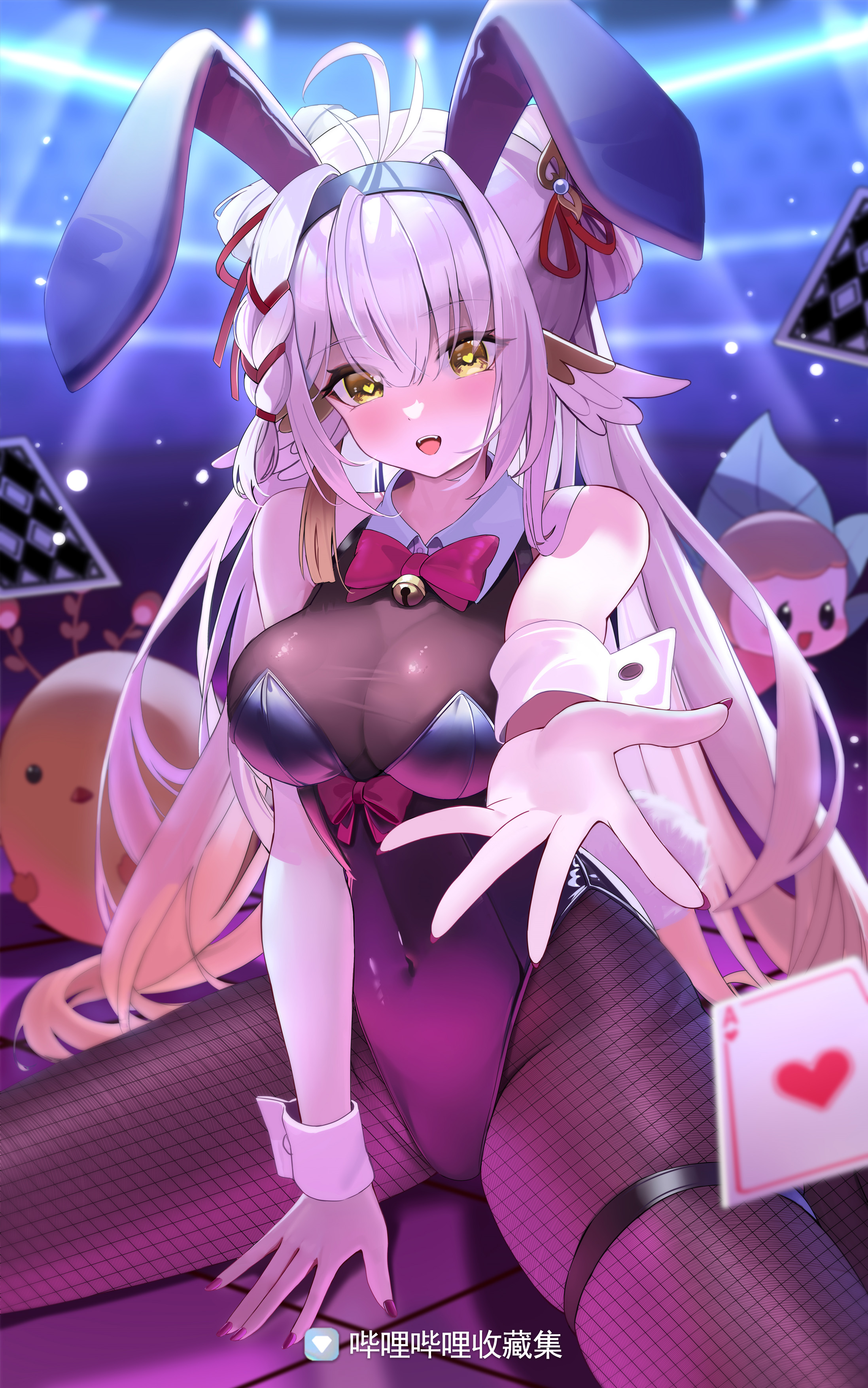 pomegranate nana, indie virtual youtuber, absurdres, highres, 1girl, animal ears, bell, black leotard, bow, bowtie, breasts, card, cleavage, covered navel, fake animal ears, fishnet pantyhose, fishnets, large breasts, leotard, long hair, looking at viewer, open mouth, pantyhose, playboy bunny, playing card, rabbit ears, rabbit tail, tail, virtual youtuber, wrist cuffs, yellow eyes