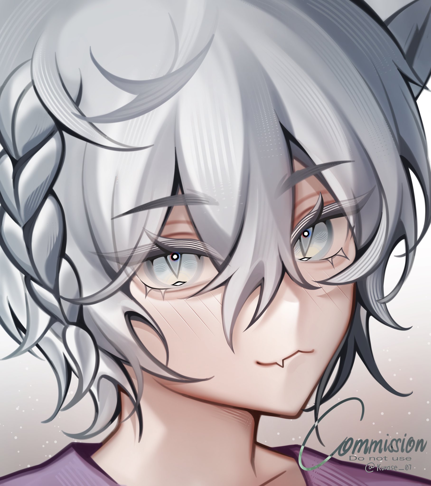 kurase 07, original, commentary, commission, english commentary, highres, vgen commission, 1boy, aegyo sal, braid, closed mouth, double-parted bangs, fang, hair between eyes, looking at viewer, male focus, portrait, short hair, simple background, skin fang, smile, solo, white background, white eyes, white hair