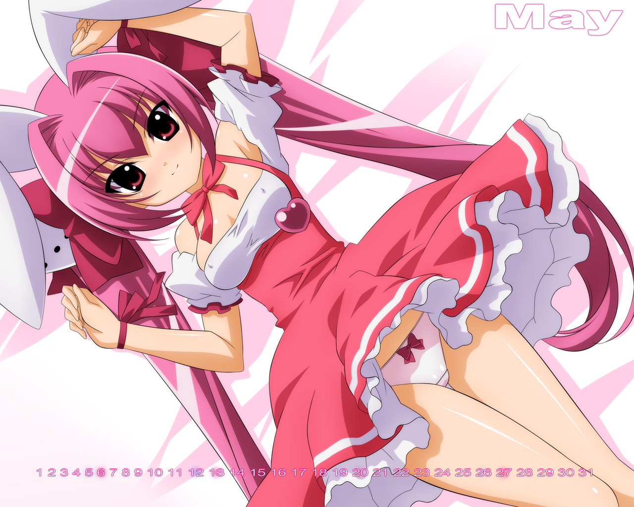 sugimura tomokazu, usada hikaru, di gi charat, 1girl, animal ears, arm up, bare shoulders, bed, blush, bow, bow panties, bowtie, calendar, covered erect nipples, dress, female focus, hair bow, hair intakes, hair ornament, halterneck, heart, legs, long hair, looking at viewer, lying, on back, on bed, panties, pantyshot, pink hair, puffy sleeves, rabbit ears, rabbit girl, red eyes, ribbon, shiny skin, skirt, smile, solo, thigh gap, thighs, twintails, underwear, upskirt, white panties, wrist ribbon