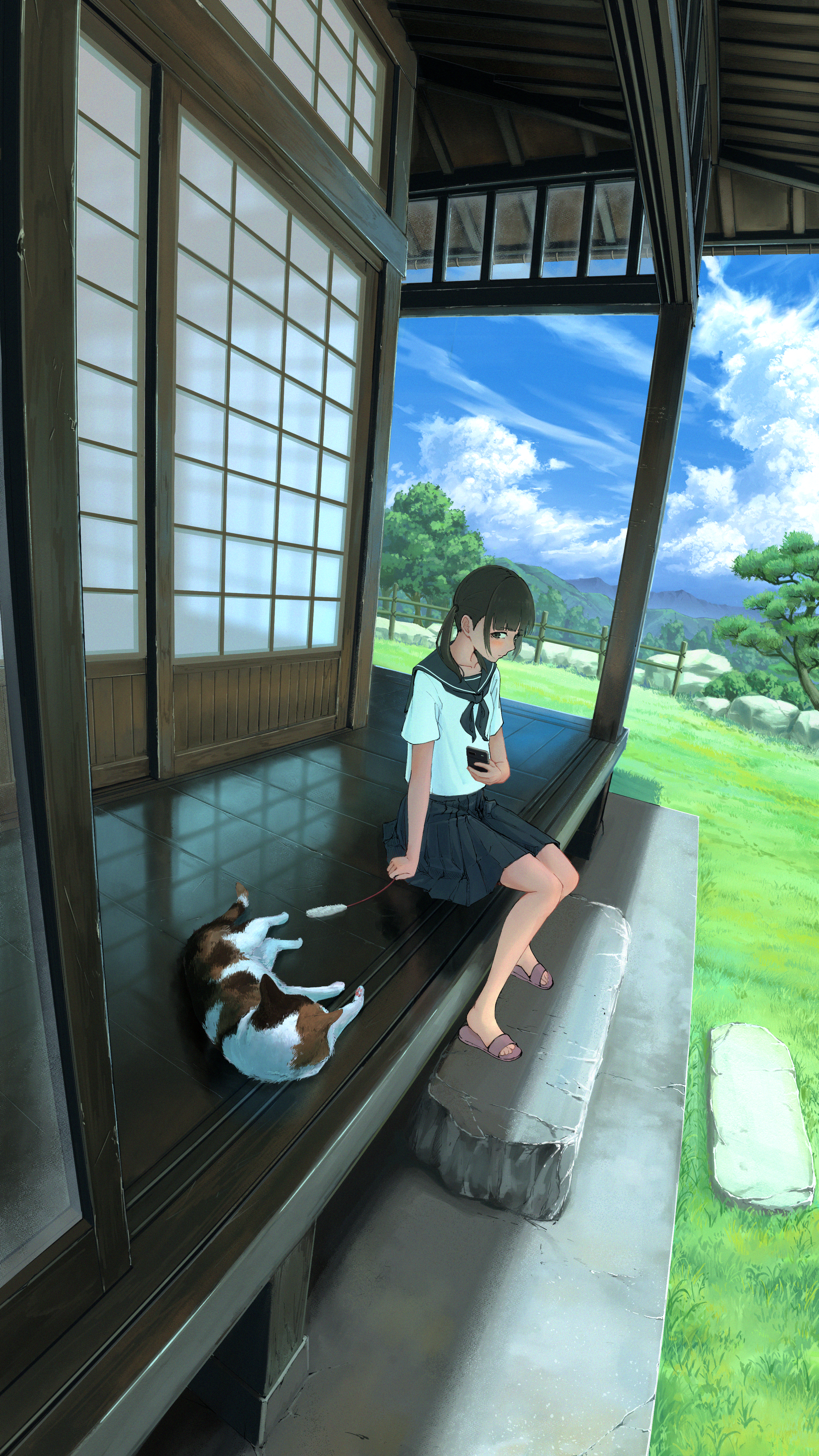 banken, original, absurdres, commentary request, highres, 1girl, animal, architecture, black hair, blue neckerchief, blue sailor collar, blue skirt, blue sky, blush, boulder, bush, calico (pattern), calico cat, cat, cat teaser, cellphone, closed mouth, cloud, cloudy sky, collarbone, cumulonimbus cloud, day, east asian architecture, flip-flops, from side, grass, grey eyes, hair tie, hand up, holding, holding cat teaser, holding phone, house, looking at animal, looking to the side, medium hair, mountain, mountainous horizon, neckerchief, outdoors, phone, pink sandals, pleated skirt, rural, sailor collar, sandals, scenery, school uniform, serafuku, shadow, shirt, short sleeves, shouji, sitting, skirt, sky, slides, sliding doors, smartphone, solo, summer, taking picture, tree, twintails, white shirt, wide shot