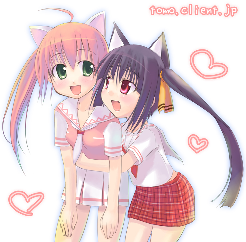 hana, kooh (pangya), pangya, ahoge, animal ears, blush, cat ears, fang, green eyes, long hair, red eyes, school uniform, serafuku, skirt, smile