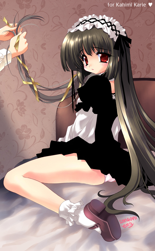 emily (pure dream), source request, 1girl, blush, bonnet, dated, disembodied hand, goth fashion, lace, layered sleeves, long hair, maid, panties, red eyes, shoes, skirt, solo focus, underwear, very long hair