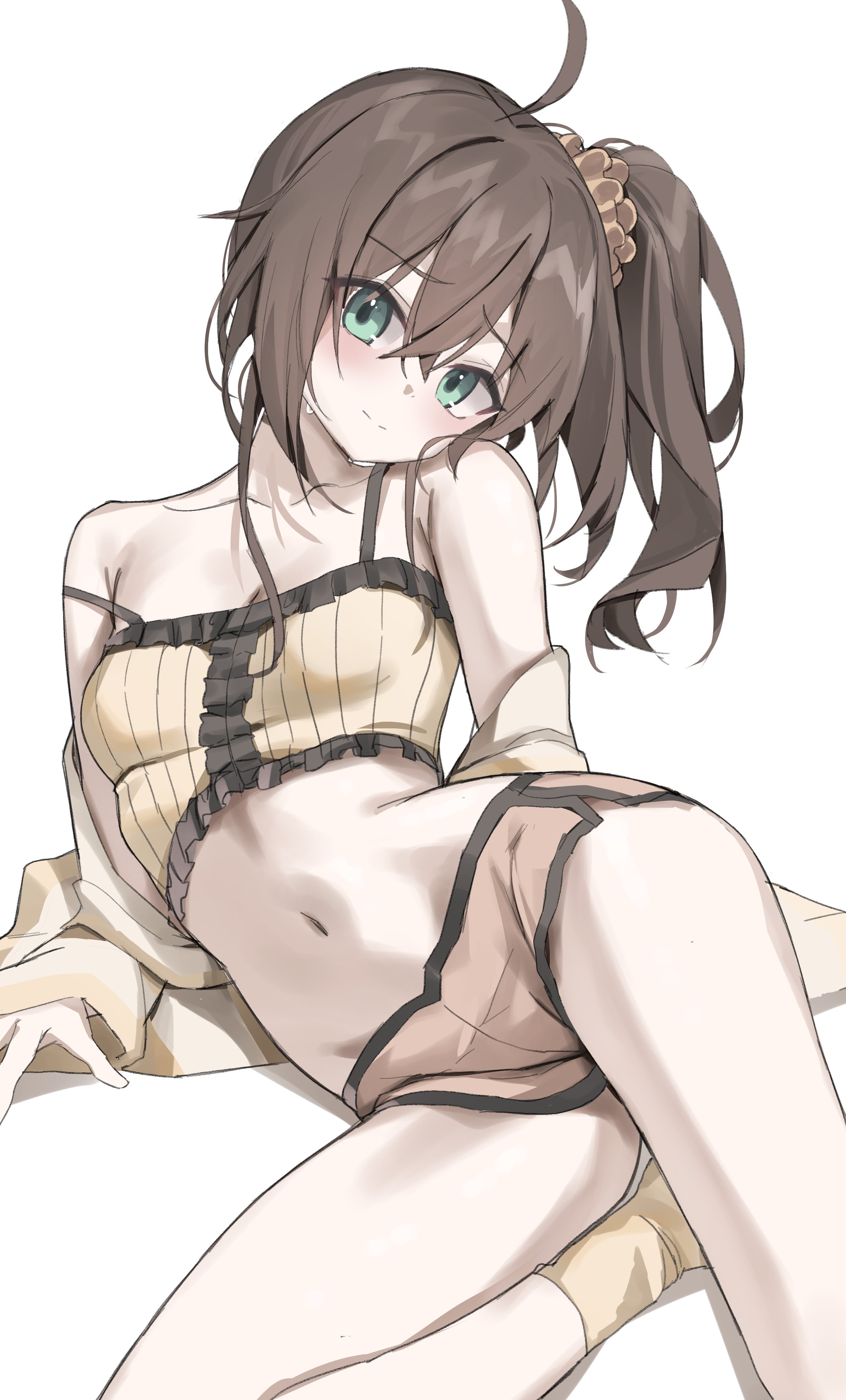 scarlet (wv0102), natsuiro matsuri, natsuiro matsuri (matsuri's day off), hololive, absurdres, commentary, highres, symbol-only commentary, 1girl, ahoge, blush, breasts, brown hair, camisole, closed mouth, collarbone, dolphin shorts, frilled camisole, frills, green eyes, hair ornament, hair scrunchie, long sleeves, looking at viewer, lying, navel, official alternate costume, on side, scrunchie, short hair, short shorts, shorts, side ponytail, simple background, small breasts, solo, stomach, strap slip, virtual youtuber, white background, yellow camisole, yellow scrunchie, yellow shorts