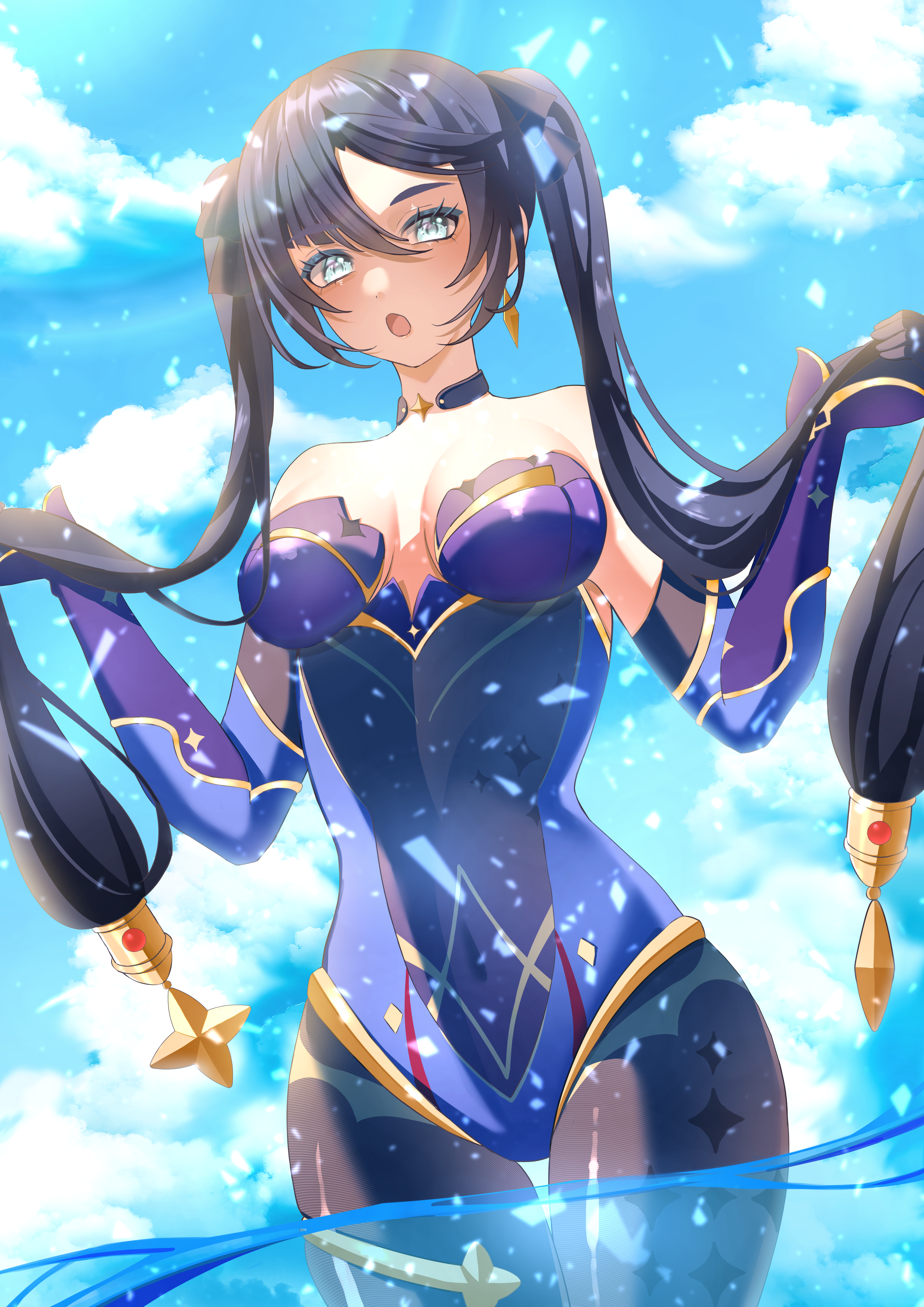 watatai, mona (genshin impact), genshin impact, absurdres, commentary, highres, 1girl, :o, bare shoulders, black hair, black pantyhose, blue eyes, blue leotard, breasts, breasts apart, detached sleeves, hair between eyes, holding, holding own hair, juliet sleeves, leotard, long hair, long sleeves, looking at viewer, medium breasts, no headwear, open mouth, pantyhose, puffy sleeves, solo, strapless, strapless leotard, twintails, very long hair, wading, watermark