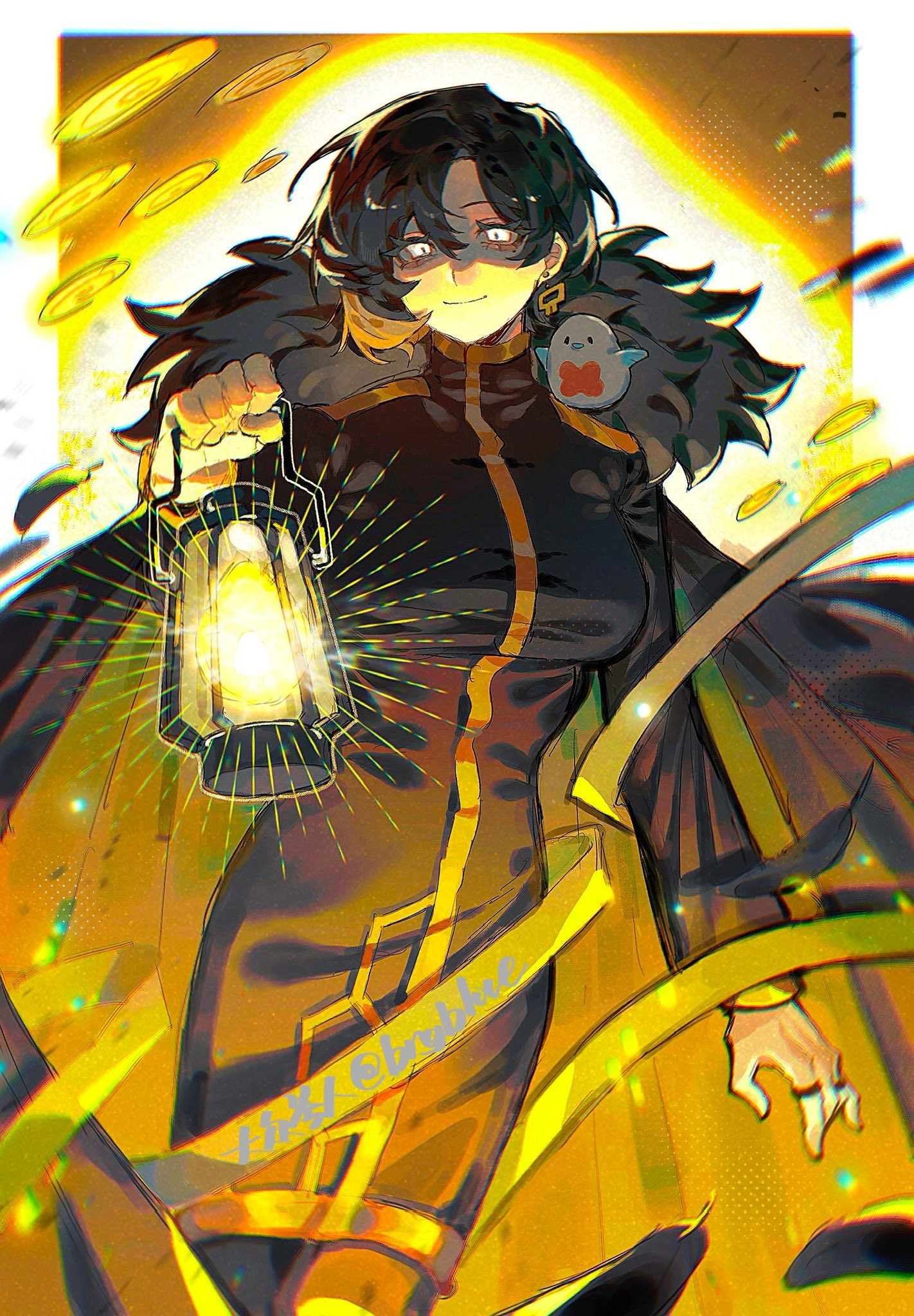 bngb love, binah (project moon), punishing bird, lobotomy corporation, project moon, highres, 1girl, black coat, black dress, black hair, blonde hair, border, breasts, closed mouth, coat, coat on shoulders, colored inner hair, dress, earrings, fur-trimmed coat, fur trim, hexagon print, holding, holding lantern, jewelry, lantern, long sleeves, looking at viewer, mole, mole under eye, multicolored hair, ribbon, short hair, simple background, solo, standing, upper body, white border, white eyes, yellow background, yellow ribbon