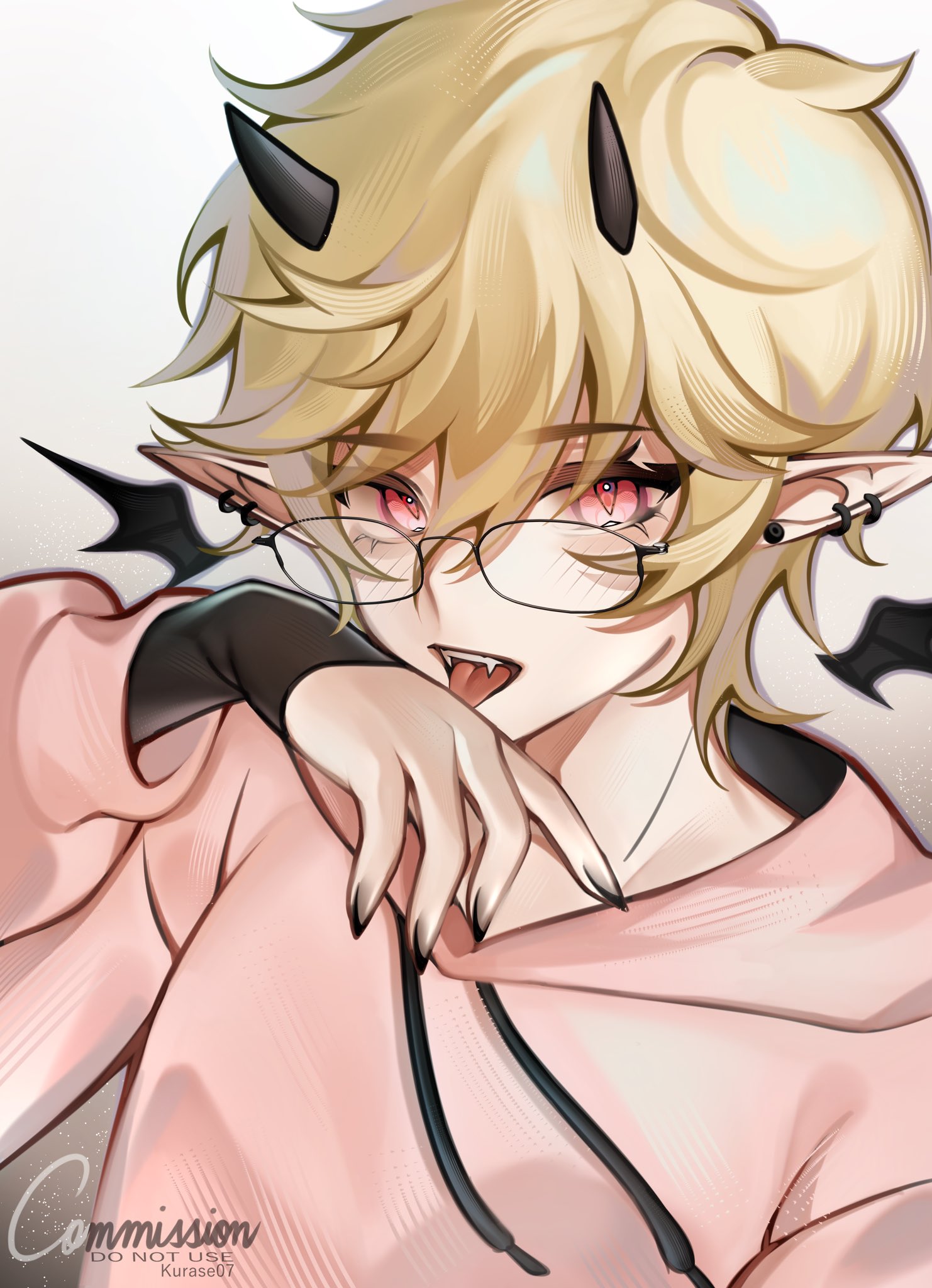 kurase 07, original, commentary, commission, english commentary, highres, vgen commission, 1boy, black nails, blonde hair, choppy bangs, ear piercing, fangs, fingernails, glasses, hair between eyes, hand up, hood, hood down, hoodie, horns, long sleeves, looking at viewer, male focus, nail polish, open mouth, piercing, pink hoodie, pointy ears, red eyes, short hair, simple background, solo, teeth, tongue, tongue out, upper body, upper teeth only, white background