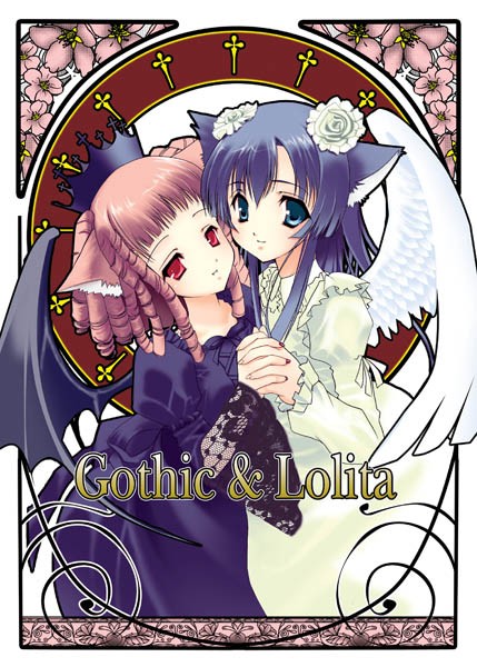 animal ears, blue eyes, blue hair, bow, brown hair, cat ears, dress, flower, gothic lolita, hat, lolita fashion, long hair, red eyes, rose, short hair, wings