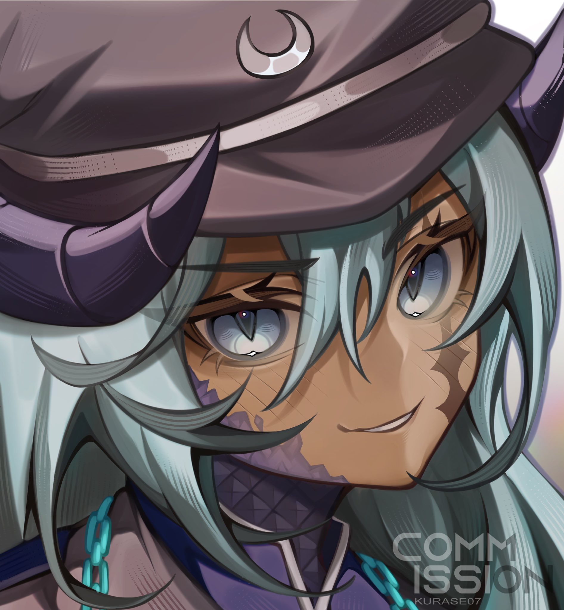kurase 07, original, commentary, commission, english commentary, highres, vgen commission, 1girl, artist name, blue eyes, brown hat, double-parted bangs, facial mark, grey hair, hair between eyes, hat, long hair, looking at viewer, parted lips, portrait, simple background, smile, solo, white background