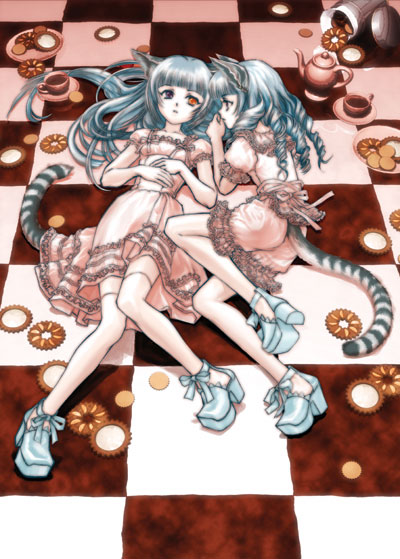 animal ears, bloomers, blue eyes, blue hair, bow, cat ears, cat tail, dress, food, heterochromia, high heels, long hair, red eyes, shoes, siblings, tail, tea, thighhighs, twins, underwear