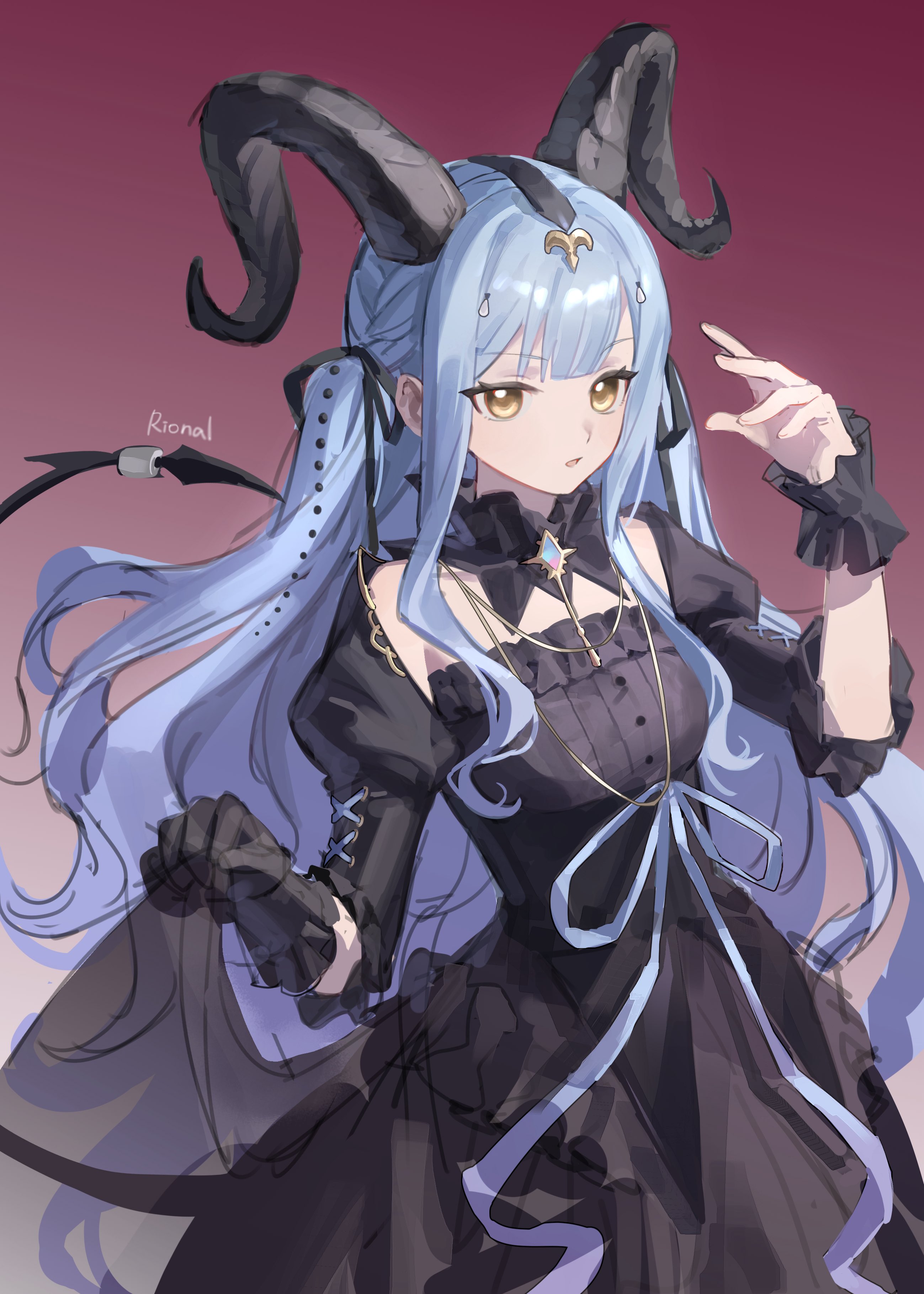 rional, togawa sakiko, arknights, bang dream!, bang dream! it's mygo!!!!!, absurdres, commentary, highres, symbol-only commentary, 1girl, artist name, black dress, black gloves, black horns, black ribbon, blue hair, blue ribbon, blunt bangs, cowboy shot, curled horns, demon tail, detached collar, dress, gloves, gradient background, hair ribbon, hands up, horns, long hair, looking at viewer, ribbon, sidelocks, single glove, solo, tail, tail ornament, tail ring, togawa sakiko (master of melodia), two side up, wrist cuffs, yellow eyes