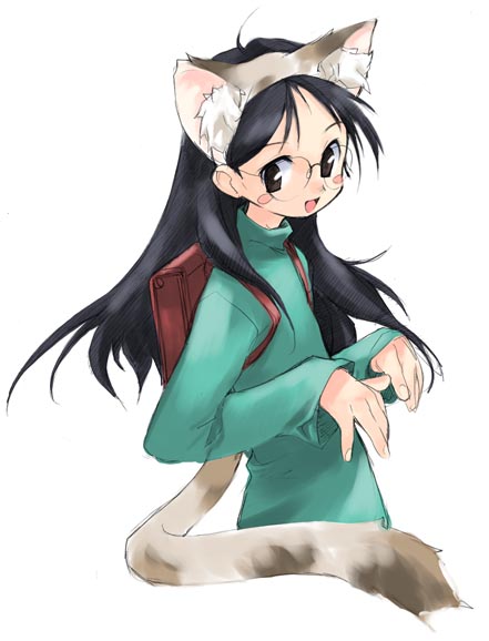 ahoge, animal ears, black eyes, black hair, blush, cat ears, glasses, long hair