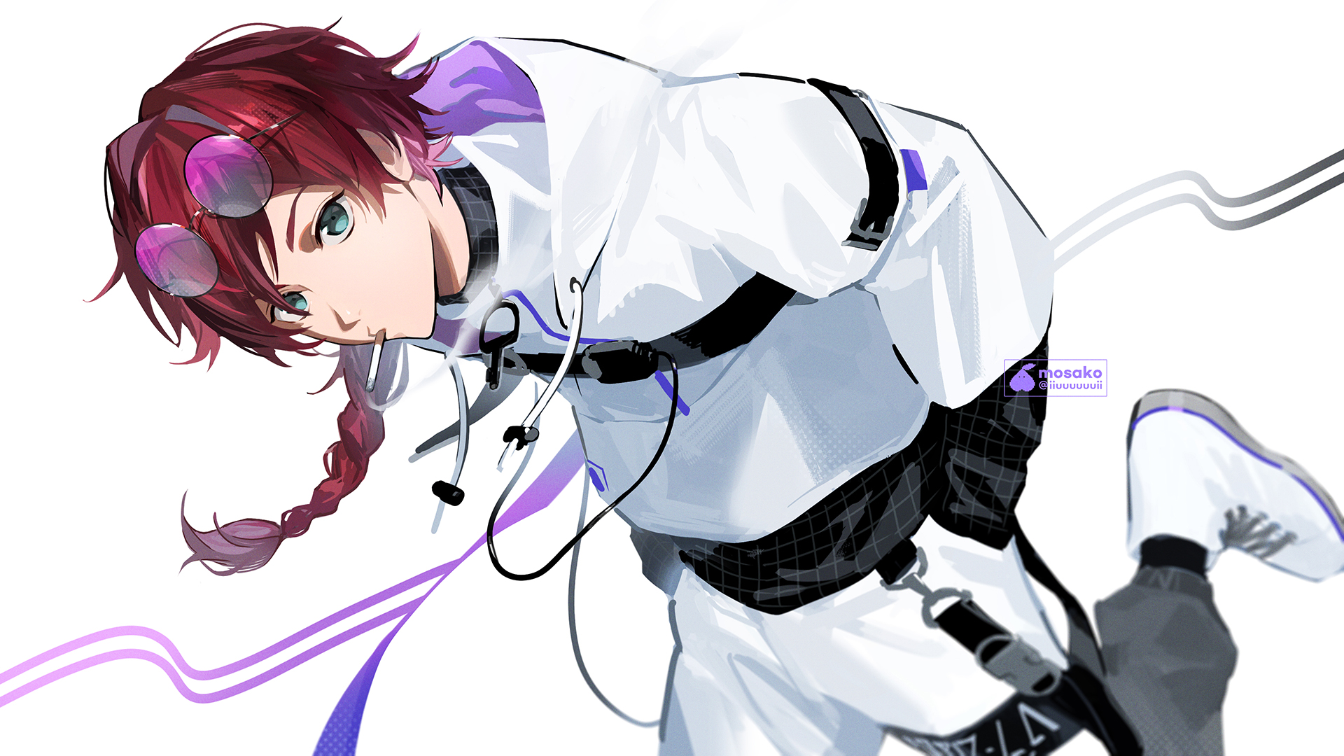 mosako, lauren iroas, nijisanji, commentary request, highres, 1boy, braid, cigarette, eyewear on head, green eyes, grey pants, hands in pockets, hood, hoodie, lauren iroas (6th costume), long sleeves, male focus, pants, pink-tinted eyewear, red hair, shoes, simple background, smoking, solo, standing, standing on one leg, tinted eyewear, virtual youtuber, white background, white hoodie, white shoes