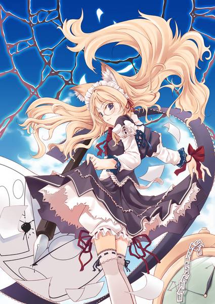 animal ears, blonde hair, blue eyes, bow, cat ears, dress, glasses, long hair, maid, thighhighs