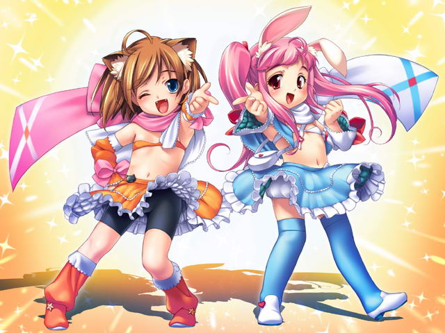 oshare kyoushitsu, 2girls, ahoge, animal ears, blue eyes, blush, boots, bow, bra, brown hair, cat ears, fang, flat chest, knee boots, lingerie, loli, long hair, multiple girls, navel, pink hair, rabbit ears, red eyes, scarf, short hair, shorts, skirt, thighhighs, twintails, underwear