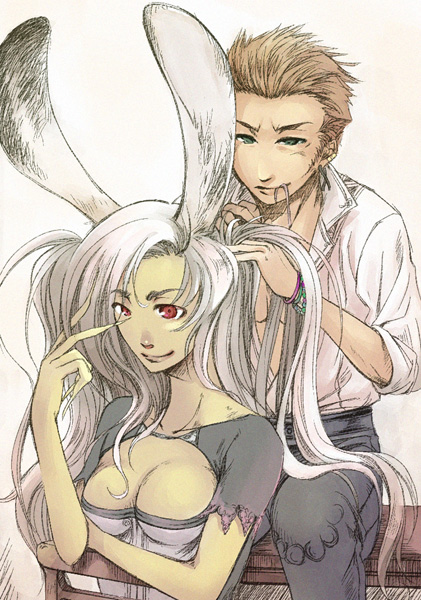 balflear, fran (ff12), final fantasy, final fantasy xii, 00s, 1boy, 1girl, animal ears, blonde hair, bracelet, breasts, cleavage, couple, fake animal ears, green eyes, hairdressing, jewelry, long hair, playboy bunny, rabbit ears, red eyes, shirt, twintails, viera, white hair, white shirt