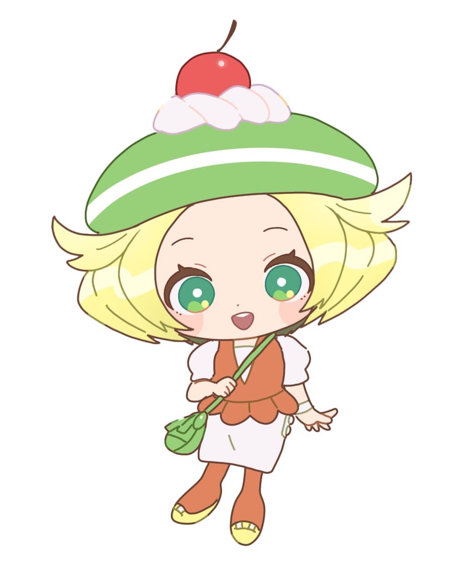 eneko (olavcnkrpucl16a), bianca (pokemon), nintendo, pokemon, pokemon bw, 1girl, :d, bag, beret, blonde hair, bright pupils, cherry, chibi, chibi only, dress, food, fruit, full body, green bag, green eyes, green hat, happy, hat, holding strap, looking at viewer, medium hair, open mouth, orange vest, pantyhose, shoes, short sleeves, shoulder bag, smile, solo, teeth, upper teeth only, vest, white dress, wristband, yellow shoes