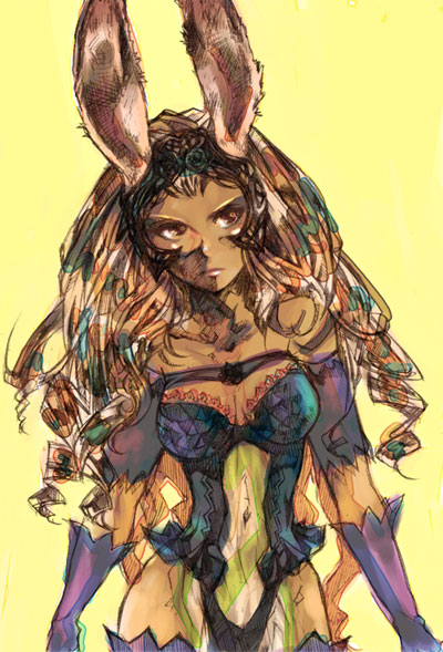 fran (ff12), final fantasy, final fantasy xii, non-web source, 00s, 1girl, animal ears, breasts, dark-skinned female, dark skin, fake animal ears, female focus, gloves, leotard, long hair, playboy bunny, rabbit ears, simple background, solo, thighhighs, viera