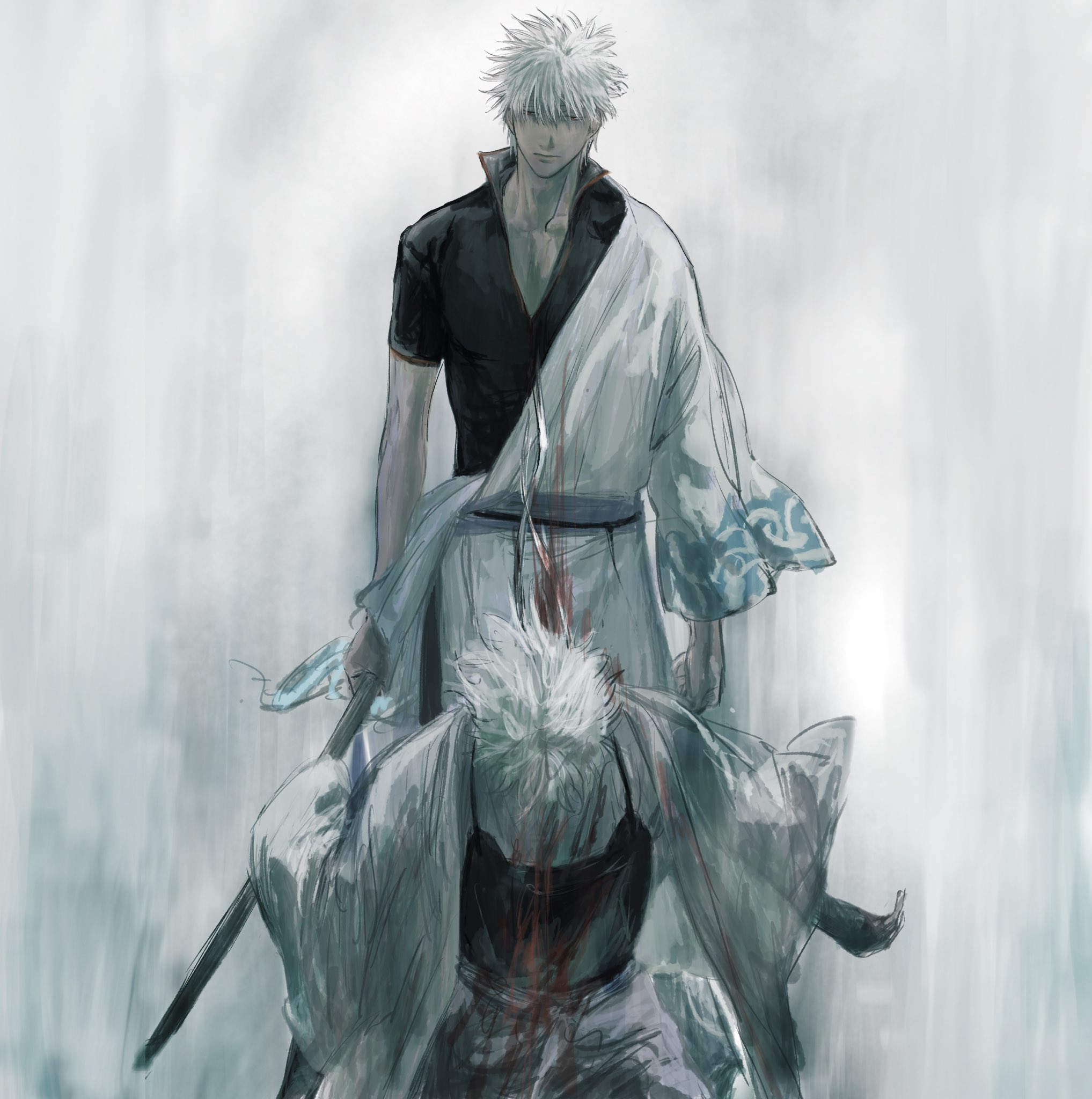 sakata gintoki, gintama, highres, 1boy, black shirt, blood, blood on clothes, bokken, closed mouth, death, dual persona, hadanugi dousa, holding, holding sword, holding weapon, japanese clothes, kimono, long sleeves, male focus, official alternate costume, open kimono, popped collar, shirt, short hair, short sleeves, standing, suicide, sunaonaonaon, sword, time paradox, weapon, white hair, white kimono, wide sleeves, wooden sword