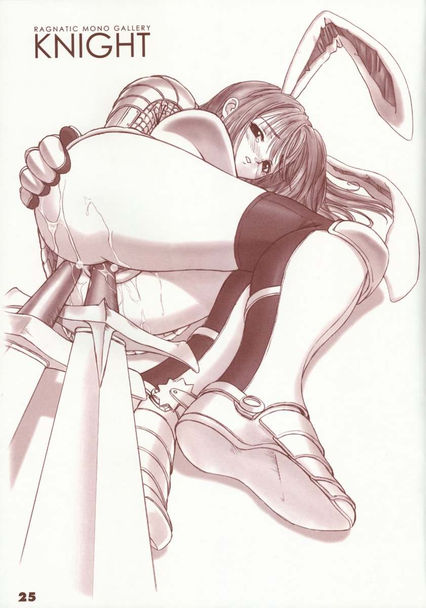 tony taka, knight (ragnarok online), gravity (company), ragnarok online, highres, 1girl, anal, anal object insertion, animal ears, armor, blush, censored, chainmail, character name, double insertion, double penetration, fake animal ears, female focus, female masturbation, knight, legs together, looking at viewer, lying, masturbation, monochrome, multiple insertions, no panties, nose blush, object insertion, on side, page number, pointless censoring, rabbit ears, simple background, solo, spurs, sword, tearing up, vaginal, vaginal object insertion, weapon, weapon insertion, white background