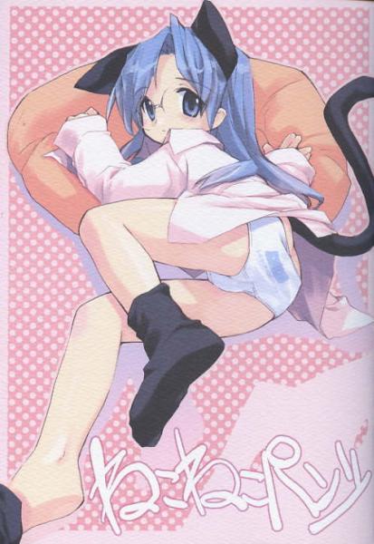 animal ears, blue eyes, blue hair, cat ears, glasses, long hair, panties, shirt, socks, underwear, white shirt