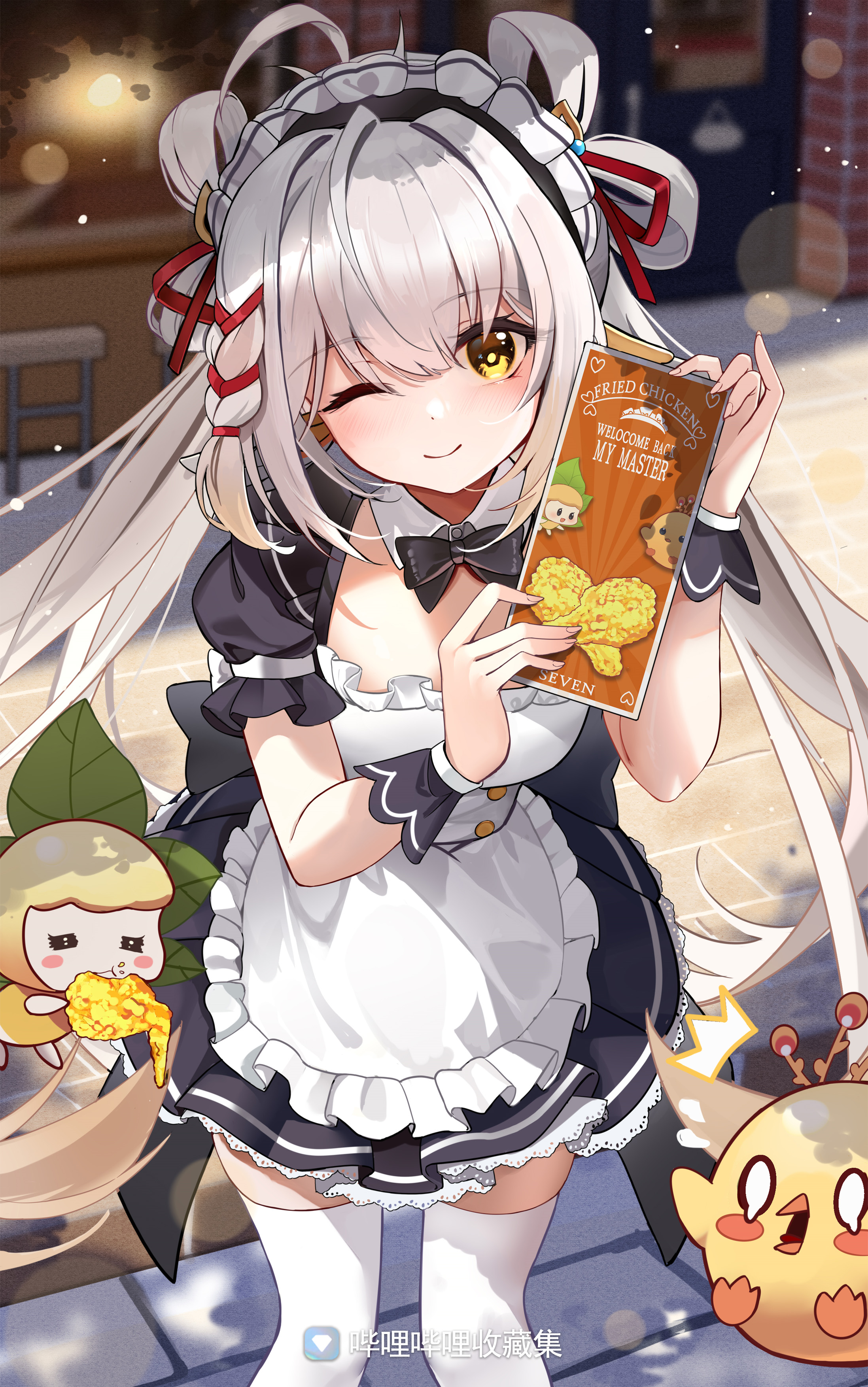 pomegranate nana, indie virtual youtuber, absurdres, highres, 1girl, ;), alternate costume, apron, black bow, black bowtie, black dress, blush, bow, bowtie, braid, breasts, dress, eating, enmaided, food, frilled apron, frills, grey hair, hair bun, hair ribbon, holding, holding food, long hair, looking at viewer, maid, maid apron, maid headdress, menu, one eye closed, pizza, puffy short sleeves, puffy sleeves, red ribbon, ribbon, short sleeves, smile, twintails, virtual youtuber, white apron, white hair, wrist cuffs, yellow eyes