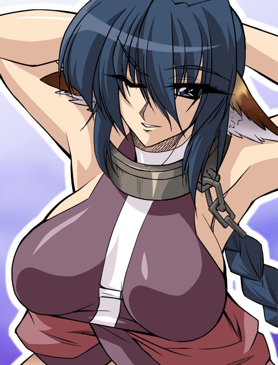 karulau, utawarerumono, highres, 00s, 1girl, animal ears, blue eyes, blue hair, braid, cat ears, chain, collar, female focus, gradient background, long hair, matching hair/eyes, plait, solo