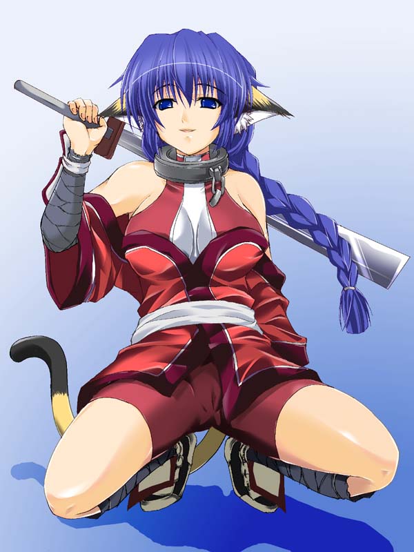 karulau, utawarerumono, 00s, 1girl, animal ears, bandages, blue eyes, blue hair, braid, cat ears, chain, collar, female focus, gradient background, long hair, matching hair/eyes, plait, shorts, solo, sword, weapon