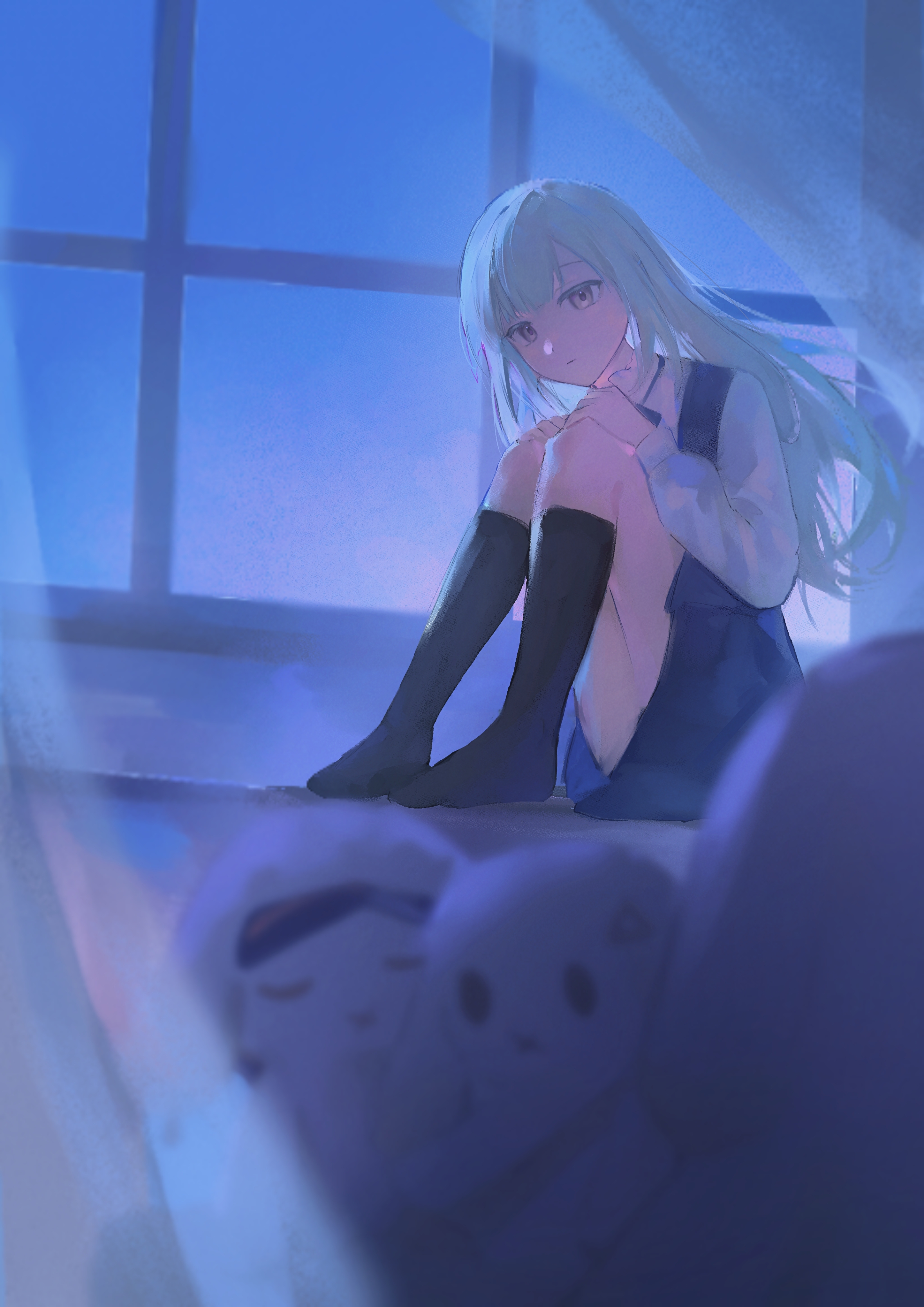 sparklings (1234 hen hao chi), mori minami, wakaba mutsumi, arknights, bang dream!, bang dream! it's mygo!!!!!, absurdres, highres, 1girl, animal ears, animalization, black socks, blue dress, closed mouth, collared shirt, curtains, dress, floppy ears, green hair, hands on own knees, indoors, kneehighs, knees up, long hair, long sleeves, looking at viewer, night, no shoes, on windowsill, rabbit ears, rabbit girl, shirt, sidelocks, sitting, socks, solo, wakaba mutsumi (marionette's id), white shirt, window, yellow eyes