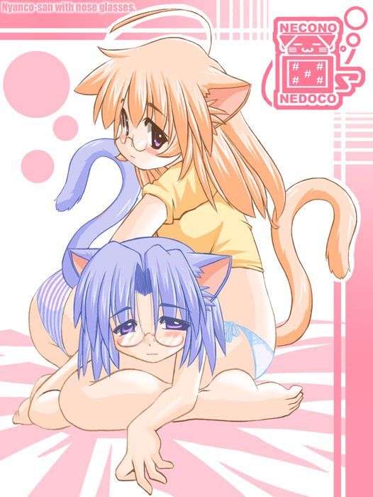 nedoco, ahoge, animal ears, barefoot, blue hair, blush, cat ears, glasses, long hair, necono, panties, purple eyes, red hair, short hair, side-tie panties, striped clothes, striped panties, underwear