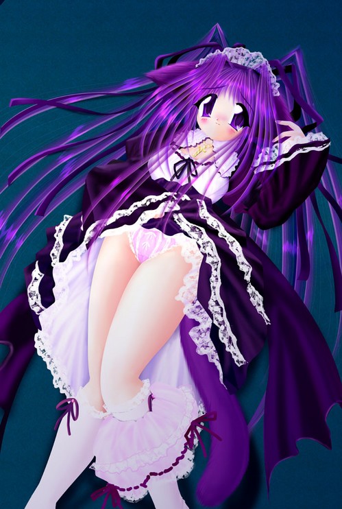 animal ears, blush, bow, cat ears, dress, kneehighs, long hair, maid, panties, purple eyes, purple hair, socks, twintails, underwear