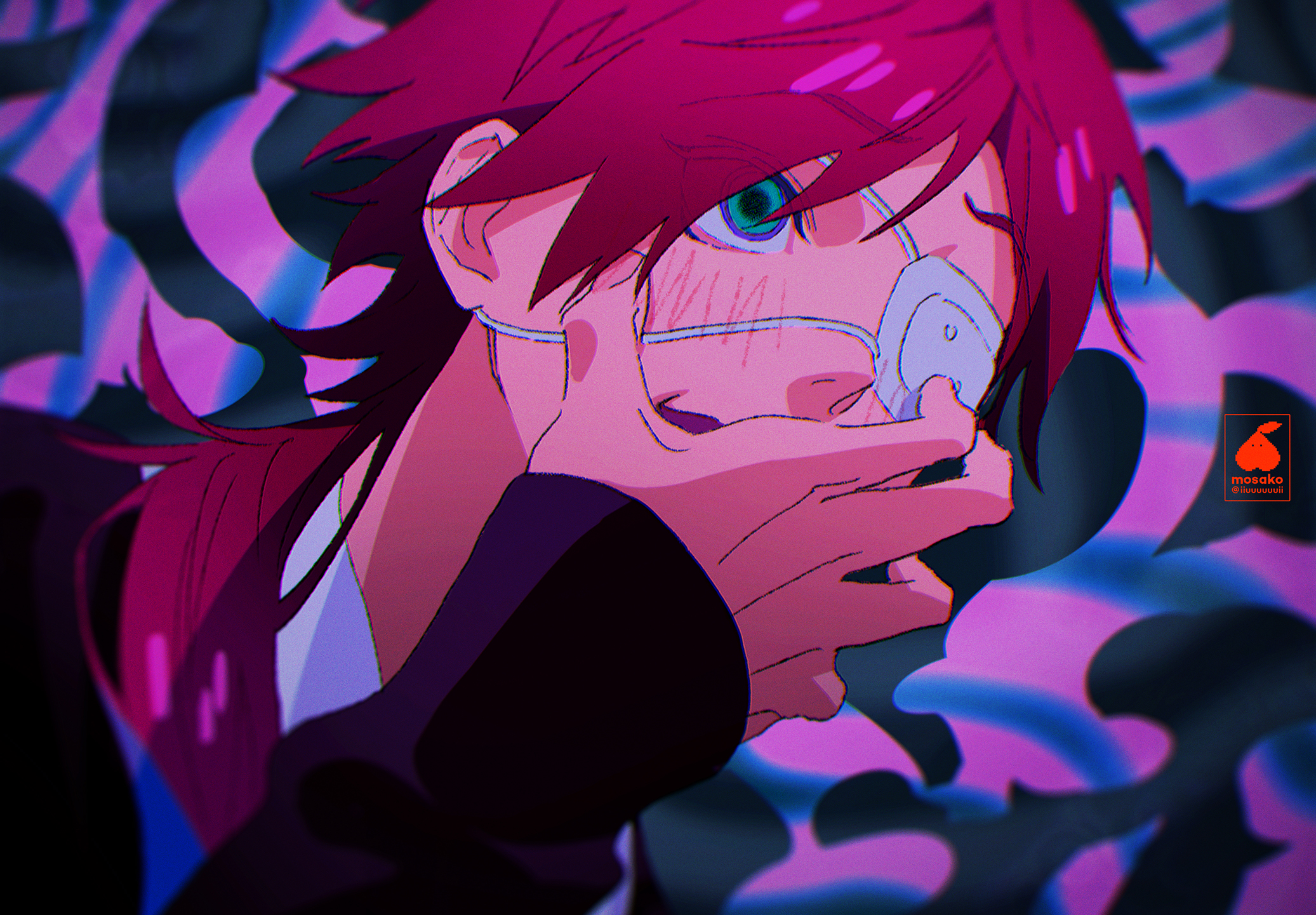 mosako, lauren iroas, lauren iroas (3rd costume), monitoring (vocaloid), nijisanji, commentary request, highres, 1boy, black jacket, blush, covering own mouth, eyepatch, green eyes, jacket, long sleeves, looking to the side, male focus, medical eyepatch, pink background, ponytail, purple background, red hair, solo, upper body, virtual youtuber, watermark