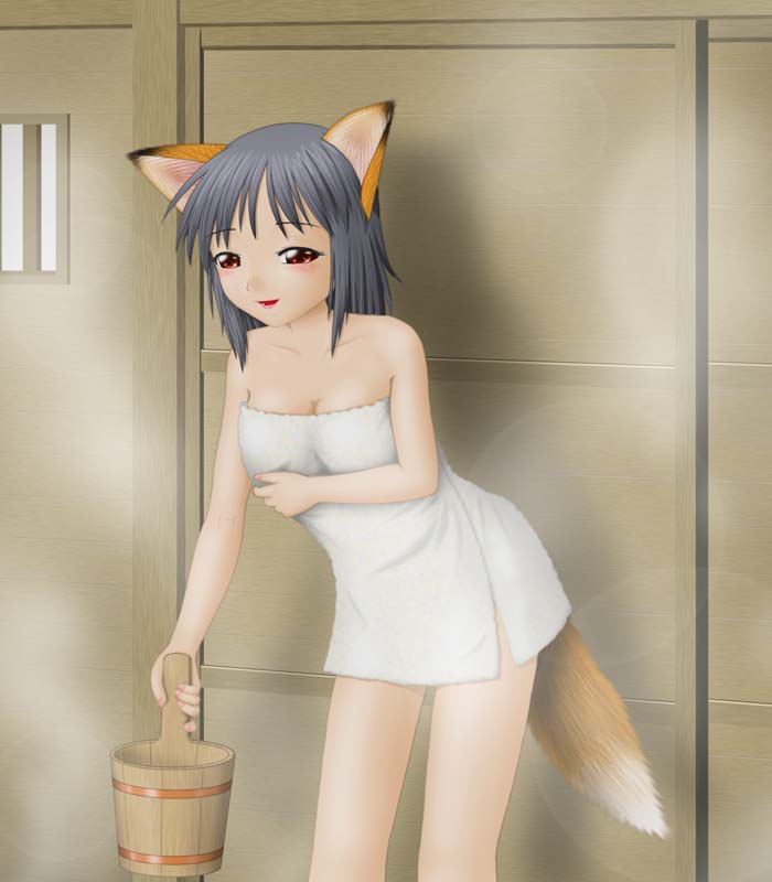 animal ears, black hair, blush, fox ears, red eyes, short hair, tail, towel