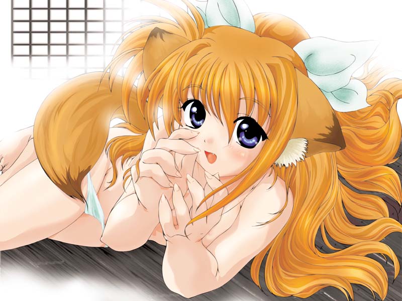 animal ears, barefoot, blonde hair, blue eyes, bow, bowtie, brown hair, crossed legs, fang, fox ears, long hair, lying, panties, ponytail, sitting, smile, solo, tail, underwear, undressing