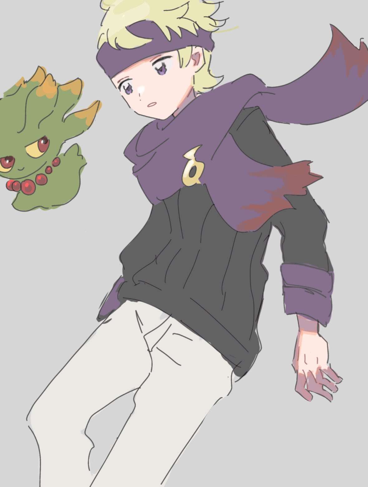eneko (olavcnkrpucl16a), misdreavus, morty (pokemon), nintendo, pokemon, pokemon hgss, highres, 1boy, alternate color, black sweater, blonde hair, gen 2 pokemon, grey background, headband, long sleeves, looking down, male focus, pants, pokemon (creature), purple eyes, purple headband, purple scarf, scarf, shiny pokemon, short hair, sweater, white pants