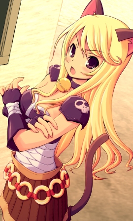 ragnarok online, lowres, animal ears, armor, bandages, bell, blonde hair, cat ears, collar, gloves, long hair, purple eyes, skirt