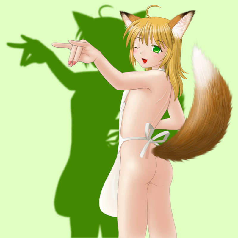 ahoge, animal ears, apron, ass, blonde hair, blush, bow, fang, fox ears, green eyes, long hair, naked apron, no panties, nude, tail