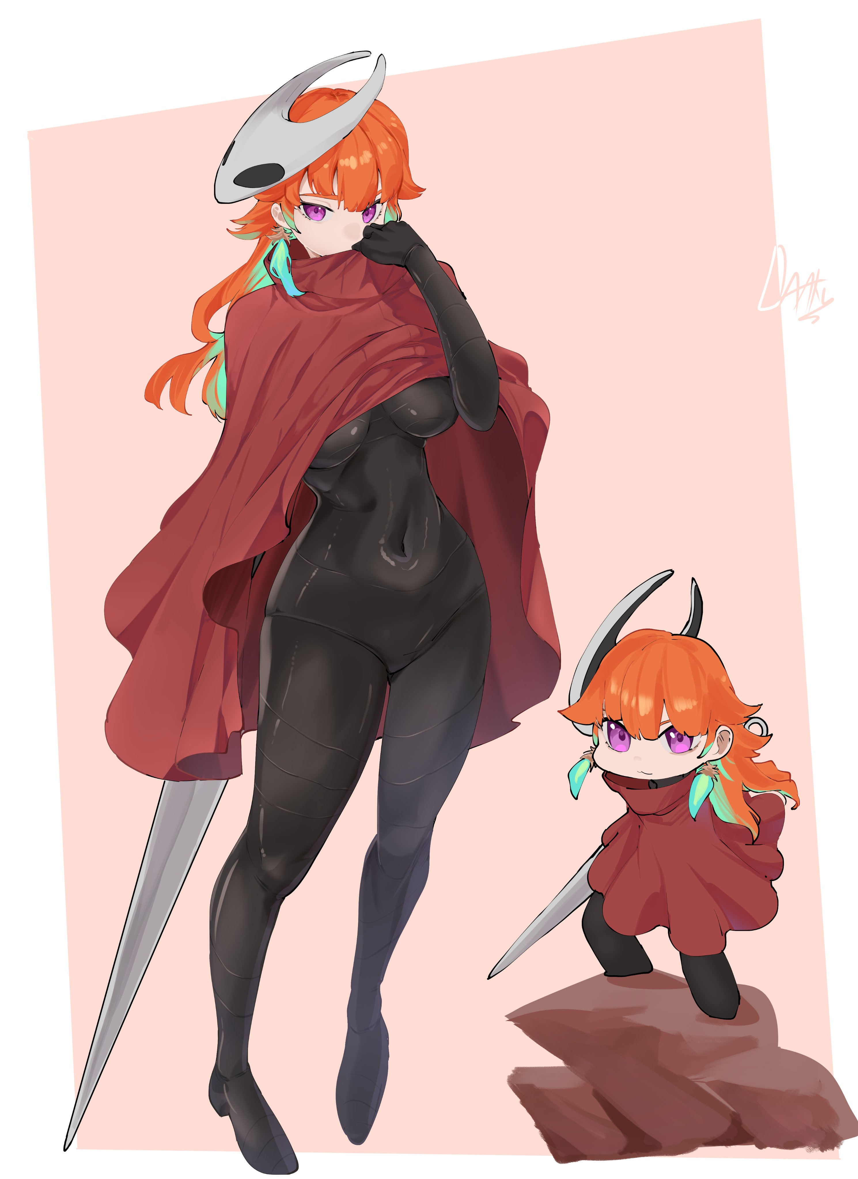 daaku (koizumi arata), hornet (hollow knight), takanashi kiara, hollow knight: silksong, hololive, hololive english, absurdres, highres, 1girl, alternate costume, breasts, chibi, cloak, cosplay, covered navel, earrings, feather earrings, feathers, green hair, holding, holding weapon, horned mask, hornet (hollow knight) (cosplay), jewelry, large breasts, long hair, mask, multicolored hair, needle (hollow knight), orange hair, purple eyes, red cloak, simple background, skin tight, solo, two-tone hair, virtual youtuber, weapon