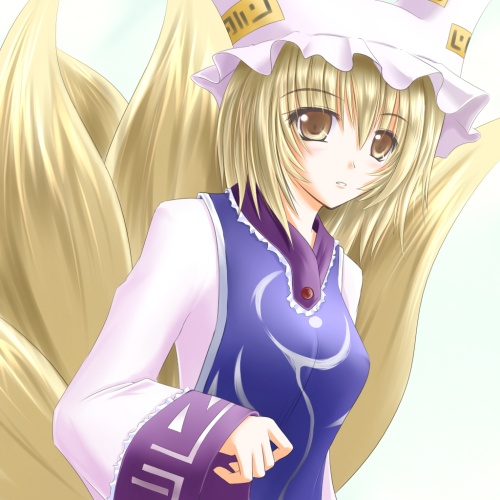 shirotsuki kouta, yakumo ran, touhou, eyebrows, lowres, 1girl, animal ears, animal hat, blonde hair, brooch, brown eyes, dress, female focus, fox ears, game, gem, hat, jewelry, lilyran, long sleeves, mob cap, multiple tails, ofuda, short hair, simple background, solo, tabard, tail, tassel, white background, white dress, wide sleeves