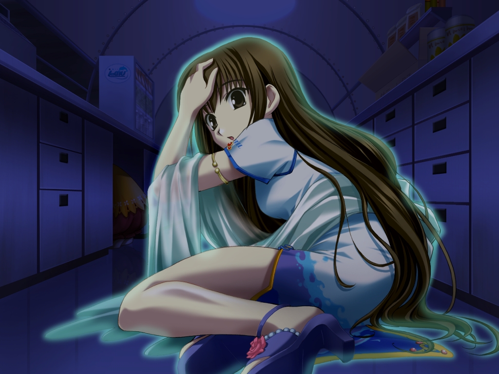 akanegasaki sora, yagami coco, 5pb., ever 17, game cg, 1girl, brown hair, china dress, chinese clothes, dress, female focus, from behind, high heels, long hair, looking back, shoes, solo