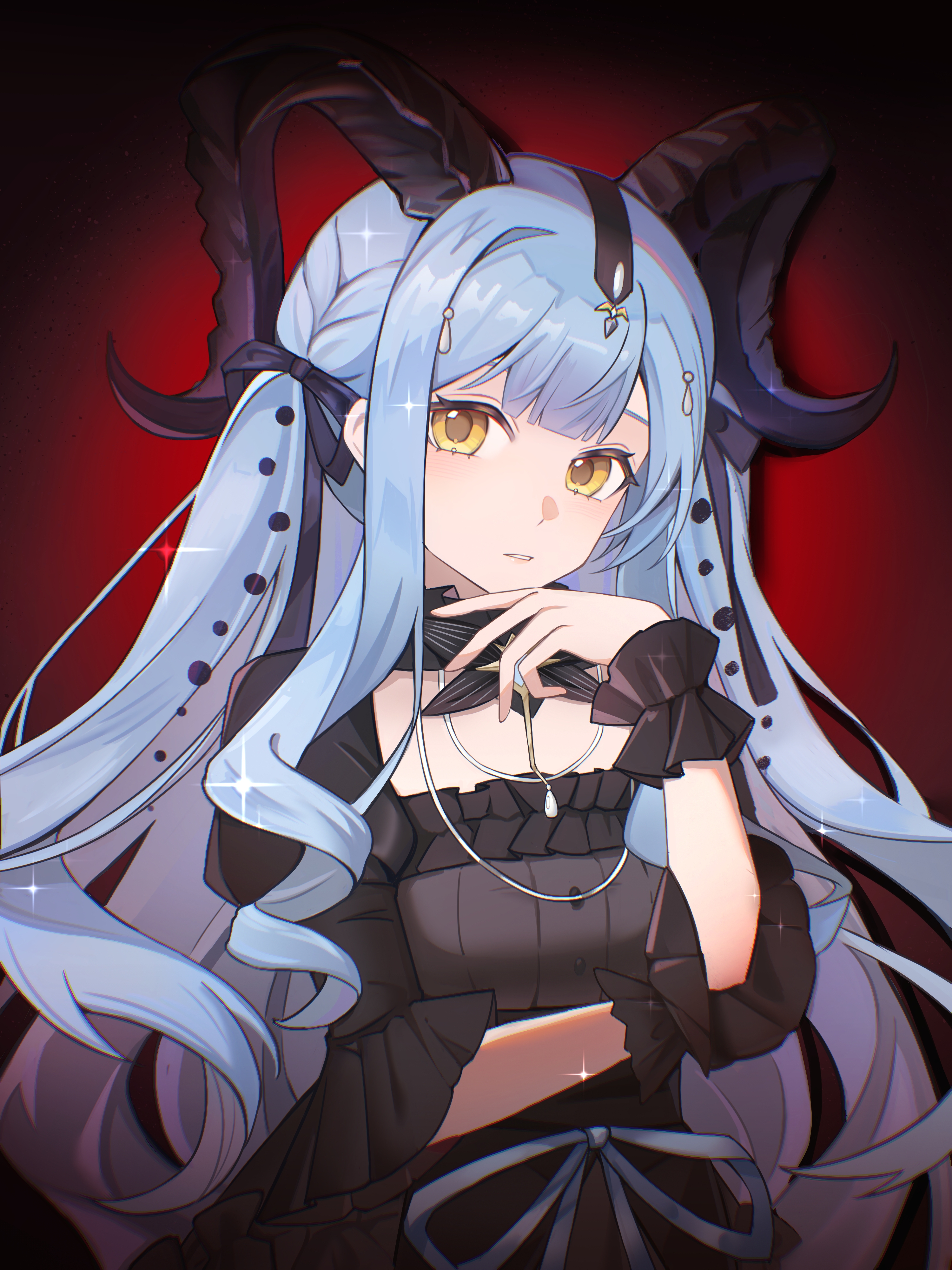 togawa sakiko, arknights, bang dream!, bang dream! it's mygo!!!!!, absurdres, chinese commentary, commentary request, highres, 1girl, black dress, black horns, black ribbon, blue hair, blue ribbon, blunt bangs, curled horns, detached collar, dress, hair ribbon, hanalin, hand up, horns, long hair, looking at viewer, parted lips, red background, ribbon, sidelocks, solo, togawa sakiko (master of melodia), two side up, upper body, wrist cuffs, yellow eyes