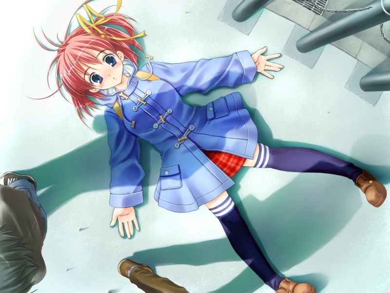 konneko, blush, bow, school uniform, serafuku, short hair, skirt, thighhighs